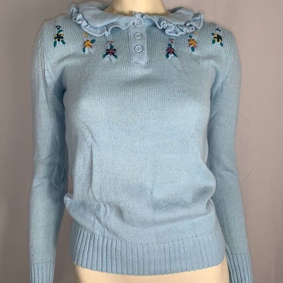 Vintage 60’s Woolco Stroller Light Blue Floral Embroidered Knit Sweater Size Sma - Picture 1 of 15